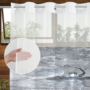 Detail of semi-transparent landscape print fabric with silver metal eyelets for shower curtain