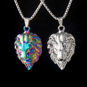 Lion Head Pendant Necklace Alloy With Stainless Steel Chain Hip Hop Dominant Colorful Rainbow For Men