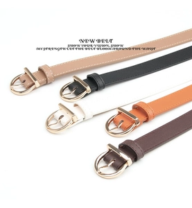 Collection of thin faux leather belts for women in five colors with gold buckles