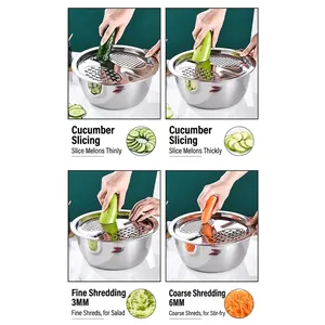 3-piece stainless steel vegetable slicer set with basin for grating and slicing veggies
