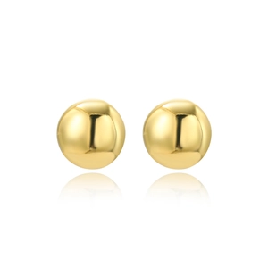 Detailed close-up of spherical 18k gold plated stud earrings with glossy metallic finish