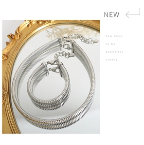 Detailed view of silver snake chain necklace and bracelet set with lobster clasp closure