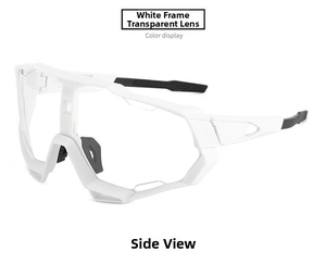 Side view of white cycling glasses with transparent lenses and black anti-slip details