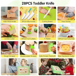 Comprehensive 28-piece toddler knife set featuring wooden and plastic tools for safe cooking