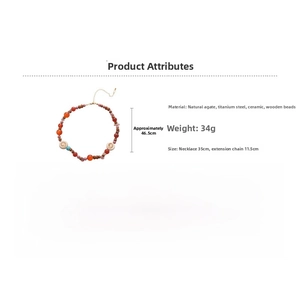 Detail view of beaded necklace length specs showing agate, ceramic and wood beads