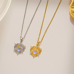 Elegant Heart Pendant Necklace Titanium Steel Colorful Aurora Crystal Zircon Clavicle Chain Jewelry Gift For Women