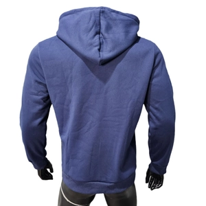Rear view of navy blue hooded sweatshirt in knit cotton fabric on a mannequin