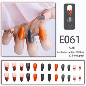 Wiederverwendbare Mandel-Kunstnägel mit geometrischem Design in Orange, Grau und Nude