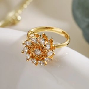 18K gold plated sunflower open ring featuring sparkling marquise cubic zirconia petals