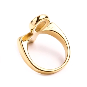 Detailed top view of gold-plated stainless steel ring with hollow infinity symbol design