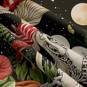 Close-up of gothic mushroom tapestry showing fine fabric texture and colorful skull print