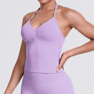 Close-up of seamless light purple yoga tank top with V-neck and ribbed fabric texture