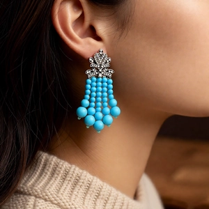 Détail de boucles d'oreilles vintage avec perles turquoise et base florale argentée