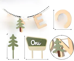 Detailed size chart for One Happy Camper wooden cake topper and pine tree banner set