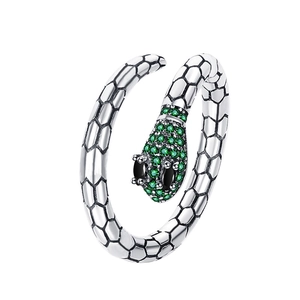 S925 sterling silver snake open ring with emerald green zircon eyes and scale texture
