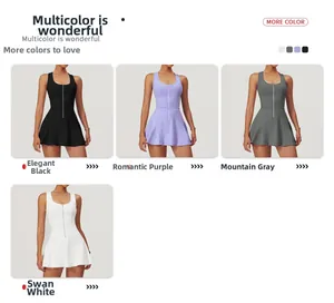 Detailed grid of sleeveless athletic tennis dresses in black, purple, grey, and white colors