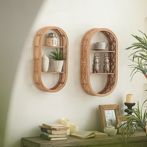 Set of 2 bohemian oval bamboo woven wall shelves with double wooden racks for home decor