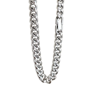 Polished silver cuban link chain necklace in stainless steel with square clasp buckle