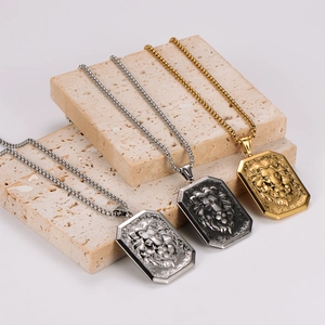 Hip hop lion square pendant necklaces in silver, black, and gold stainless steel finish