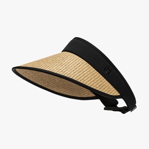 Opvouwbare beige strooien zonneklep met zwarte stoffen hoofdband en metalen logo