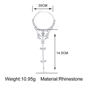 Detailed view of rhinestone fringe ankle chain with 35cm length and 10.95g weight specifications