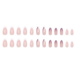 24 unghie finte a mandorla con punte French bianche e sfumatura glitter viola