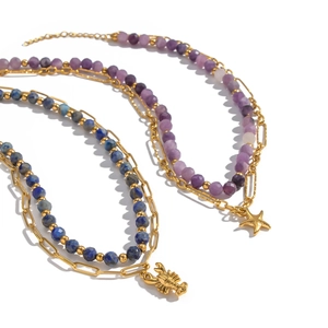 French vintage double-layered necklace with lapis lazuli, amethyst and gold pendants