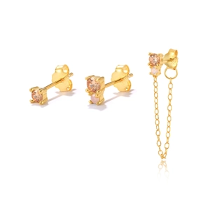Detailed view of S925 silver fringe chain earrings set with champagne cubic zirconia