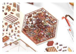 Detailed isometric indoor scene stickers for DIY scrapbooking and creative journal decoration