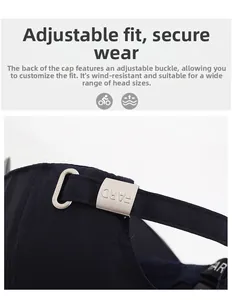 Detail of navy baseball cap featuring an adjustable silver metal buckle with engraved logo
