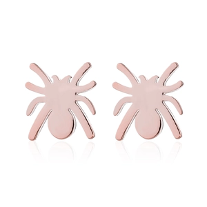 Close-up of spider stud earrings in rose gold finish with reflection on white background