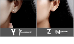 Close-up and worn view of S999 sterling silver letter Y and Z stud earrings