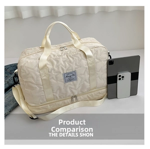 Close-up of star-quilted travel bag with dual handles and phone for size comparison