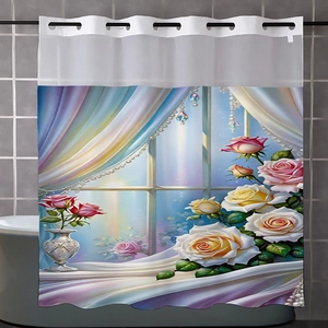 Detail of waterproof polyester shower curtain with mesh top and floral digital print