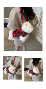 Detail view of the West Highland White Terrier plush crossbody bag with red plaid details