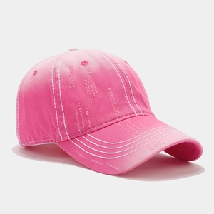 Distressed rose red cotton twill baseball cap with vintage white contrast stitching style