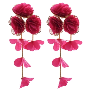 Elegant rose red chiffon floral tassel earrings with gold hardware for vacation and beach