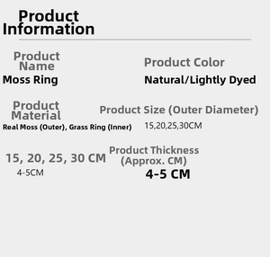 Detailed technical specifications for handmade natural moss rings for DIY Christmas decor