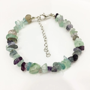 Detailed view of natural fluorite stone bracelet with silver clasp and extension chain