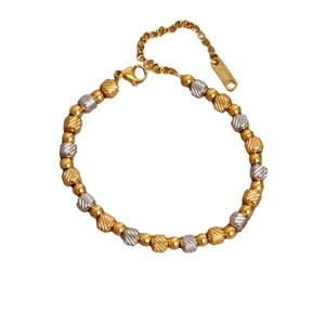 Minimalist 18K gold plated stainless steel bead bracelet with spiral texture and lobster clasp