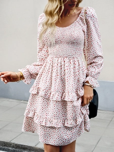 Close-up of floral print long sleeve dress showing V-neck detail in natural outdoor light