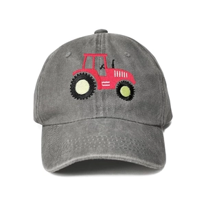Gray washed cotton baseball cap for kids and adults with red tractor embroidery detail