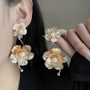 Vintage golden double layer flower earrings with white pearls and brushed metal finish