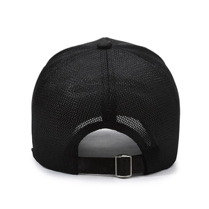 Rear view of black mesh baseball cap with adjustable strap and silver metal buckle