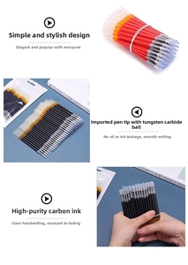 Detail of red and black 0.5mm gel pen refills featuring high capacity ink and tungsten tips