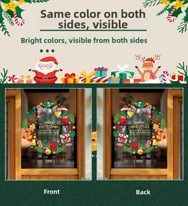 Detailed view of double-sided Christmas wreath window stickers with Santa and reindeer