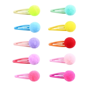 Colorful plush ball hair clip set for girls with 10 vibrant candy colors and metal bb clips
