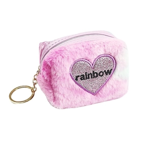 Pink plush coin purse with glitter heart rainbow embroidery and gold keychain