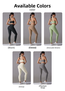 Detailed back view of multi-color yoga set showing cross-back bra in five stylish colors