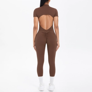 Brown backless yoga jumpsuit with short sleeves and scrunch butt lifting detail